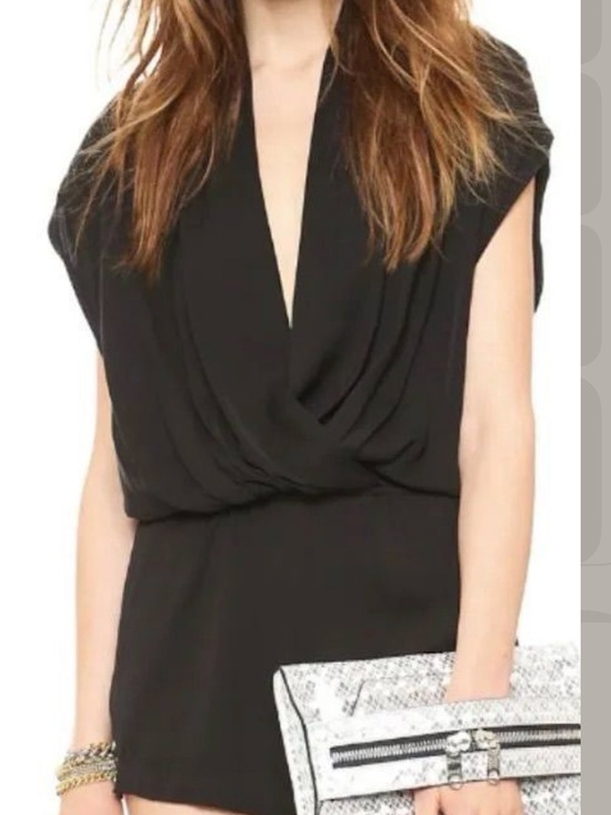 L'AGENCE Pants - L’AGENCE‎ Silk Draped Romper Black Deep V Cap Sleeve Size 4 NWT